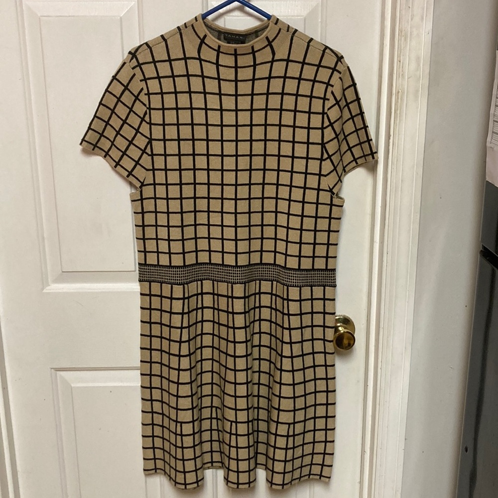 Tahari Black and Cream Sheath Dress with Mock Neck nwt